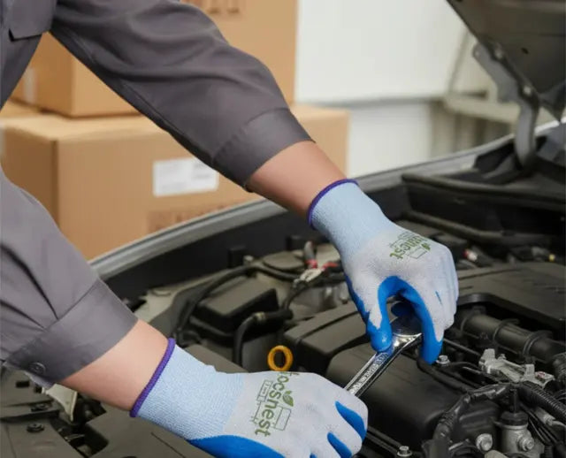 Gloved hands handling an automotive component